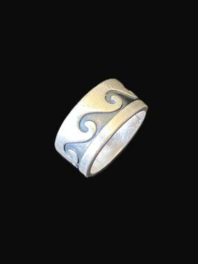 925 Sterling Silver Oxidized Wave Scroll Band Ring • Size 7 • Boho Surf Beach